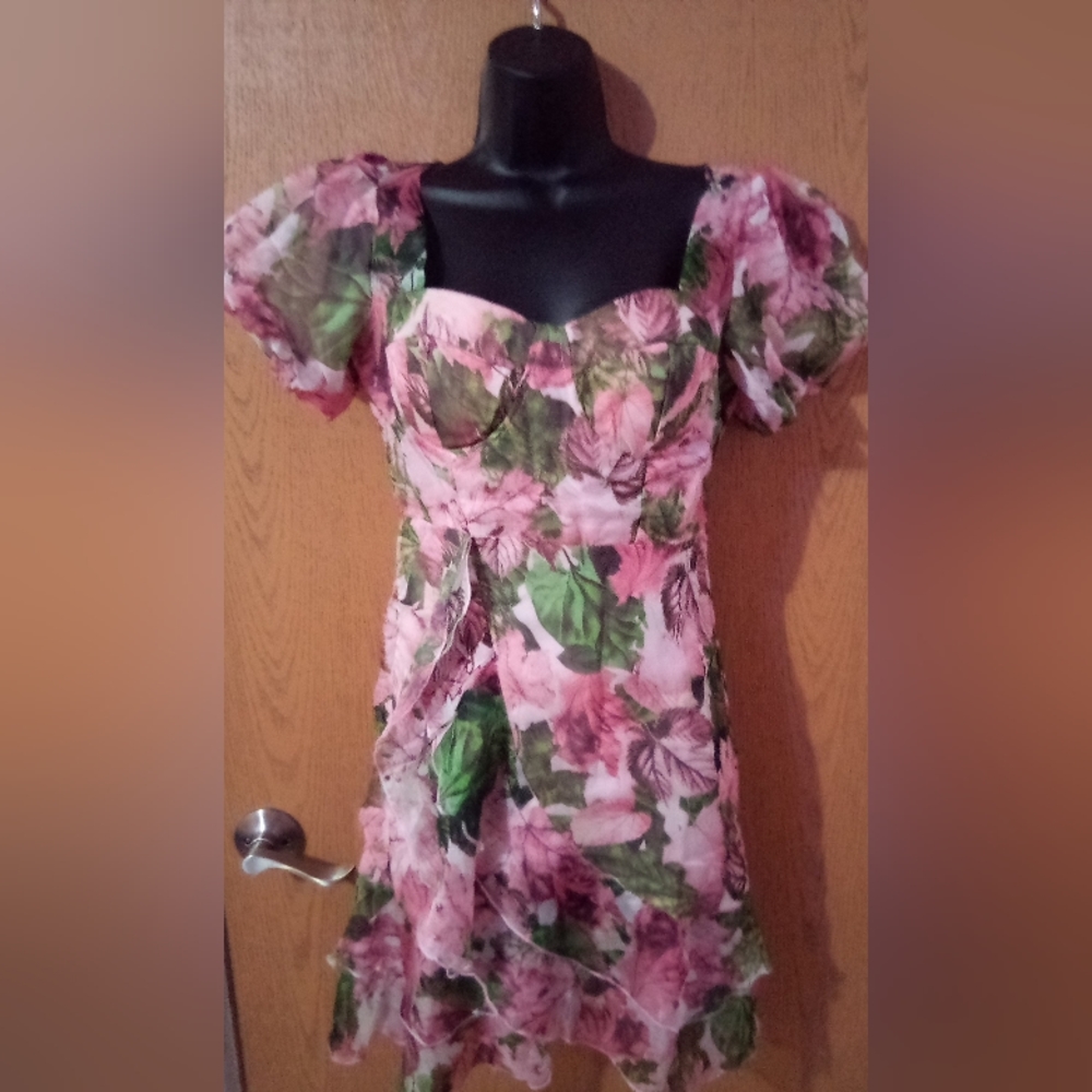 Floral Puff Sleeve‎ Mini Dress Pink Green Sweetheart Neck Ruffle Hem Tiered L - Picture 2 of 10